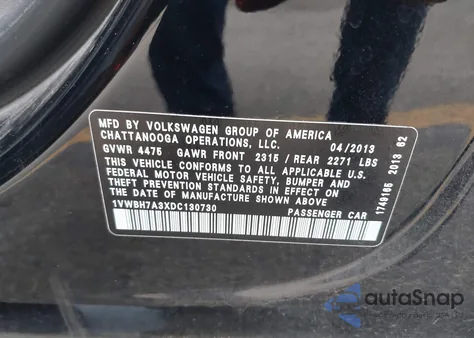 2013 Volkswagen Passat 2.5L Se z USA, uszkodzony, nr VIN 1VWBH7A3XDC130730